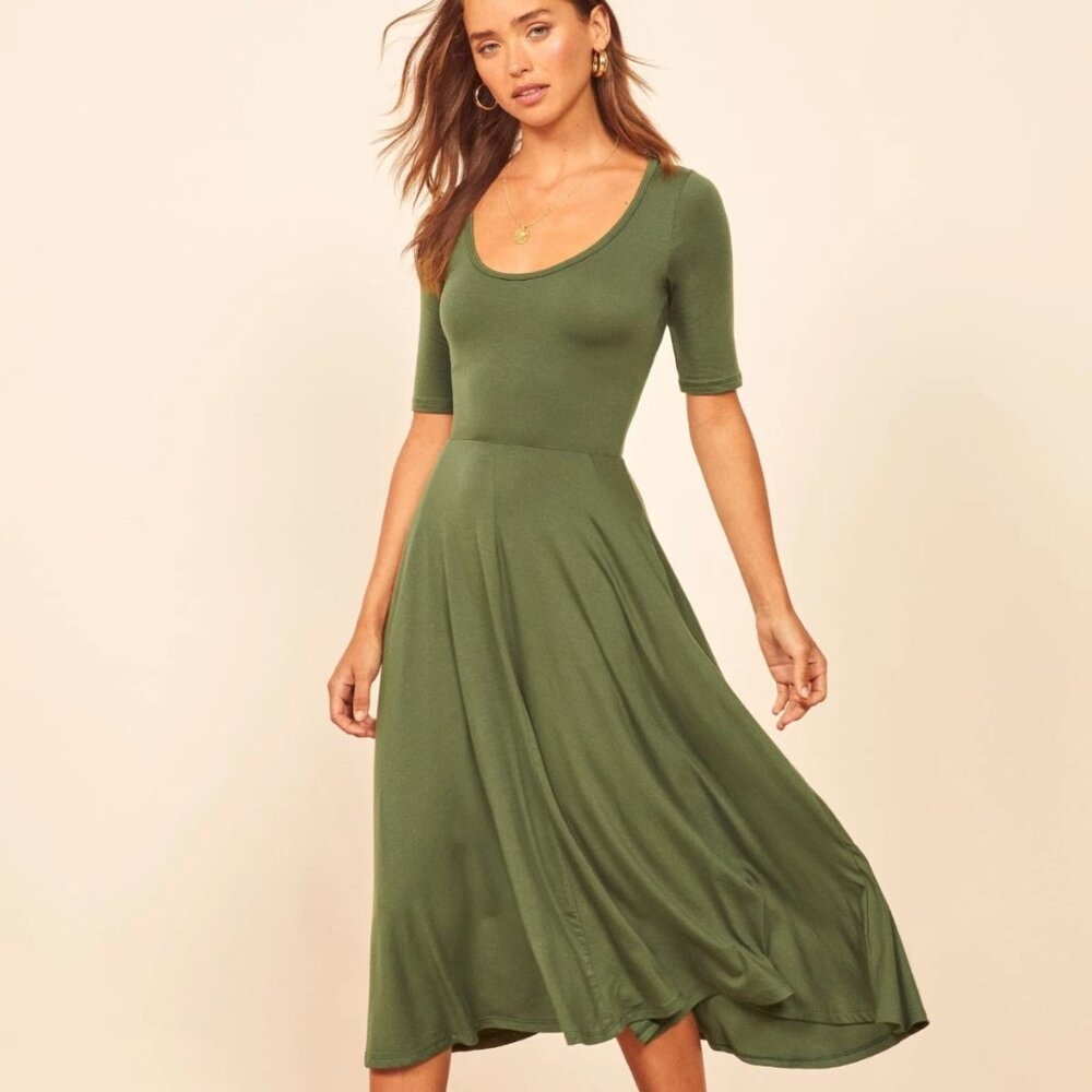 Reformation Lilian Midi Dress Women's Extra Small | Green | Cap Sleeve